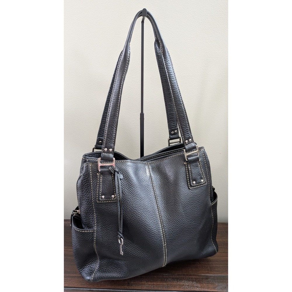 Fossil Black Pebbled Leather Shoulder Bag Stitch Silver Hardware With Key
